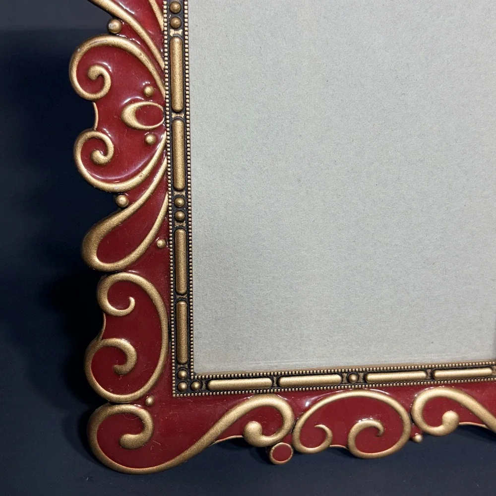 Vtg Style Rose Red/ Gold Enamel Ornate Scroll 4x6 Tabletop Picture Frame Baroque